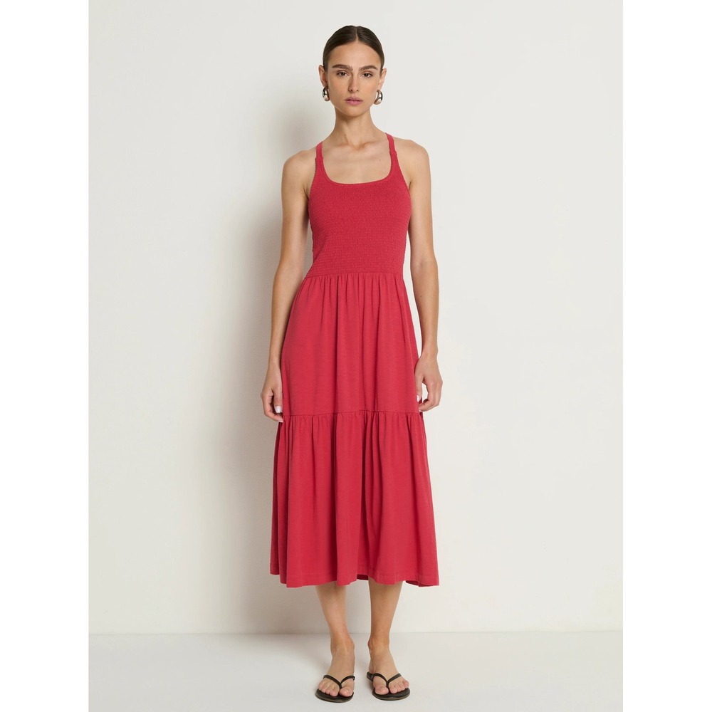 Nation LTD Red Penelope Crossback Midi Dress Pima Cotton Smocked Tiered Small